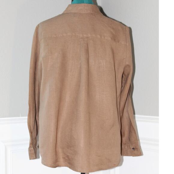 Chico’s Linen Ruffle Trim Button Front Top Tan Easy Fit Women’s Size 1 (8) - Picture 3 of 6